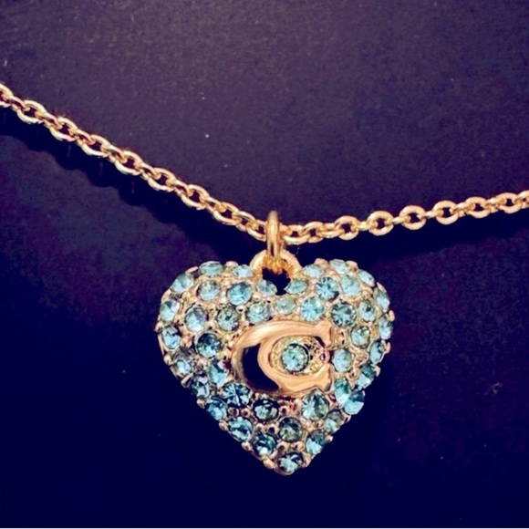 COACH Heart w/Turquoise Crystals & Signature "C" Pendant on 16" Necklace, EUC - Picture 1 of 3